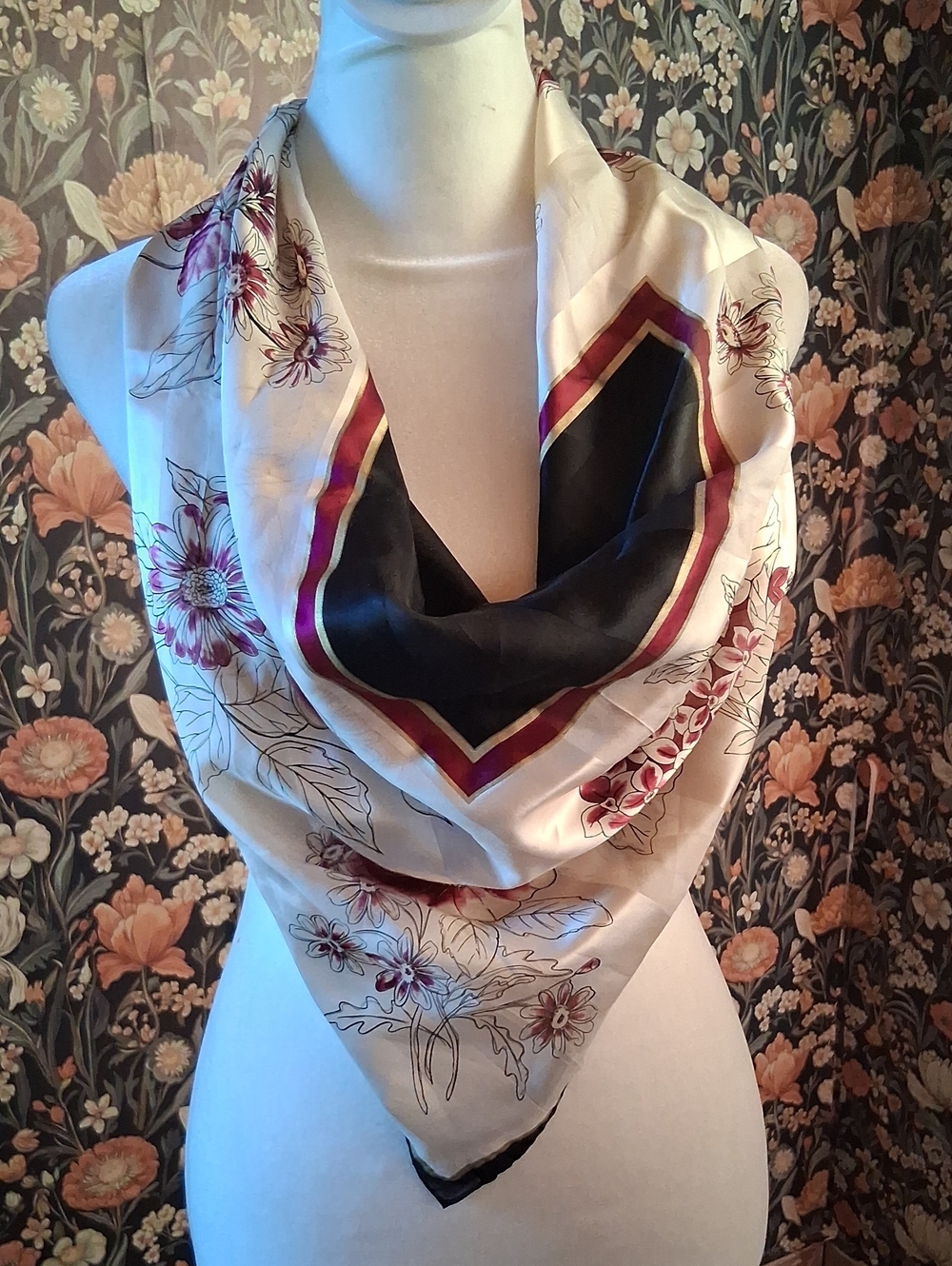 Vintage Square Floral Scarf Black Cream Purple